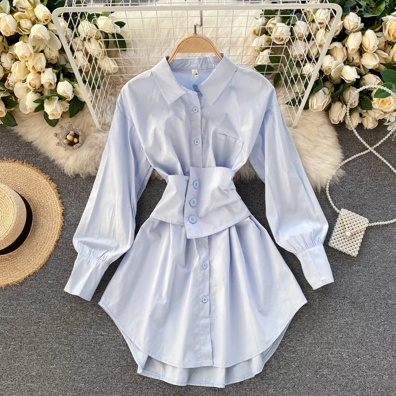 

2021 Spring Fashion Ol Korean Lapel Girdle Wrap Slim Waist Mini Dress Women Single Breasted Lantern Sleeve Shirt Dress Robe