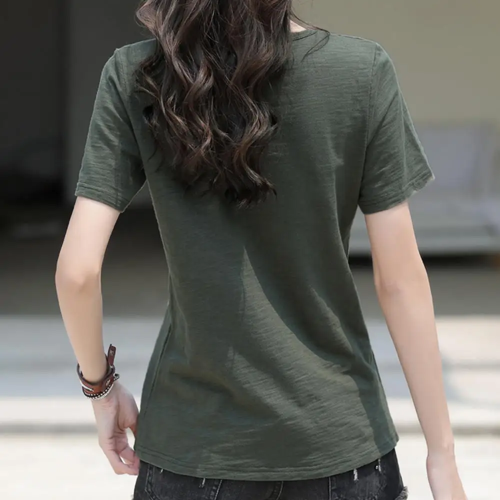 

Summer Tops For Women 2021 Blouse Casual Women Solid Color Buttons T-shirt O Neck Short Sleeve Cotton Blouse Top