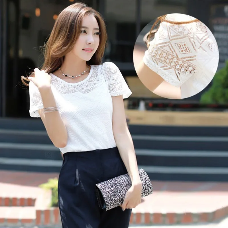

Women Lace Blouse Tops Short Sleeve Chiffon Shirt Hollow Women Shirt Blouse