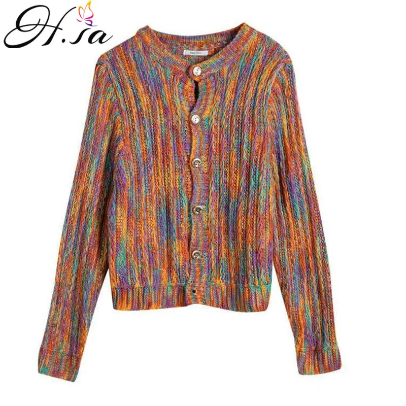 

H.SA Sweter Mujer Invierno 2021 Rainbow Sweater And Cardigans Chic Jumpers Button Up Winter Sweater Women Korean Tops