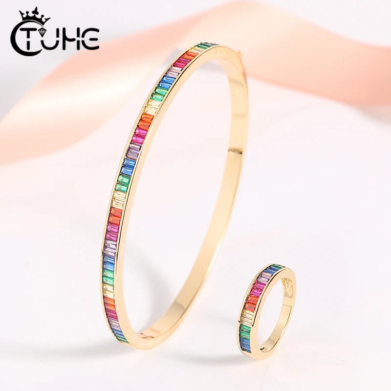 CZ Теннисный браслет кольца для женщин золотой цвет радуга горный хрусталь