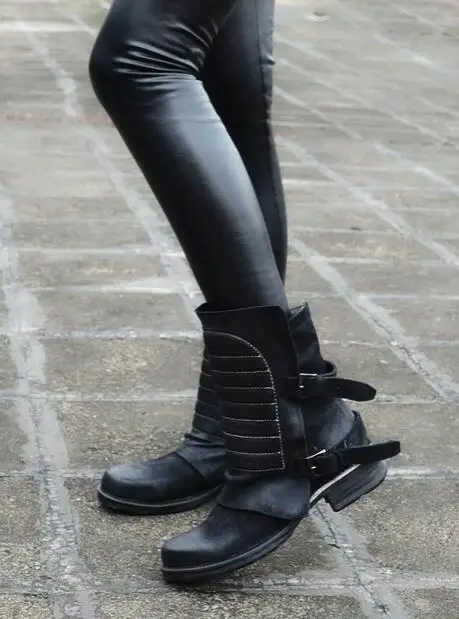

Prova Perfetto Genuine Leather Flat Bottom Buckle Ankle Boots Square Toe Mature Zipper Side Winter Warm Women Martin Boots