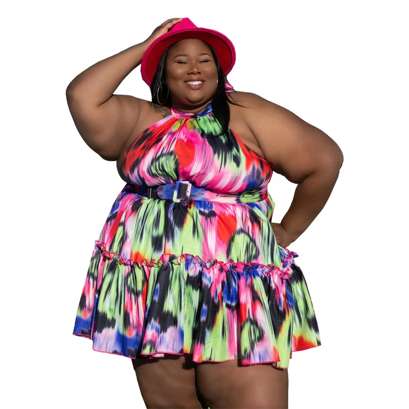 

Tie-dye Printing Women Plus Size Beach Style Dress 2021 Summer New O-Neck Sleeveless High Waist Sashes Ruffles Mini Dresses