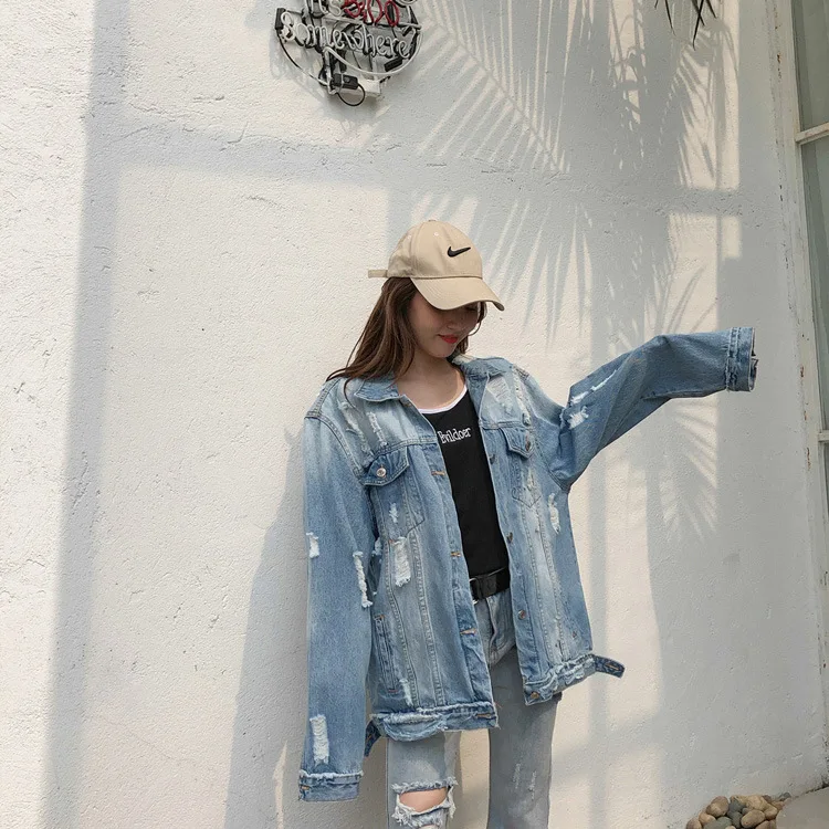 

Coat Jacket Jeans Outwear Tops Long-Sleeve Ripped Women Denim Basic Down Autumn Button Turn-down Collar Boho