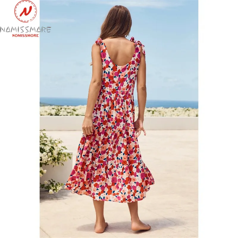 

Beach Style Women Summer Print A-Line Dress Patchwork Design Bandage Decor O-Neck Sleeveless Mid Waist Slim Long Dress