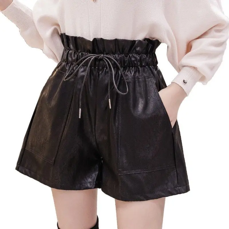 

New High Waist Shorts Women Flower Bud Wide Leg Leather Shorts Autumn Winter Plus Size Korean Loose High Street Womens Shorts