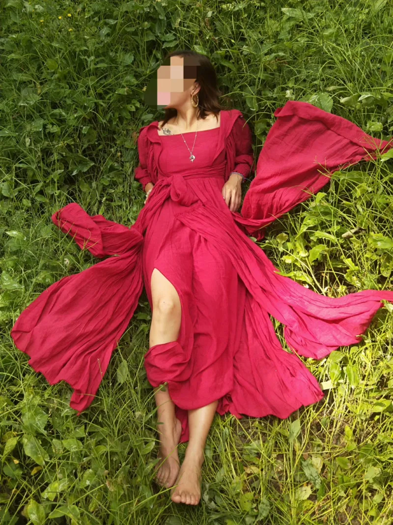 Женское льняное платье макси HANZANGL красное винтажное с v образным вырезом без