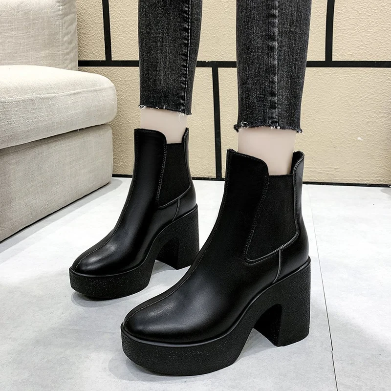 

Autumn Winter Ankle Martin Boots For Women High Heels Botas Femininas Platform Botines Femme Pu Leather Stretch Slip On Shoes