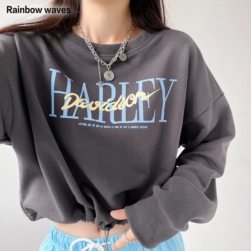 

Rainbowwaves Women's Sweatshirt With Hood Long Sleeve Patchwork Letter Print Hoodies Casual Streetwear Crop Top Hoodie Pullover