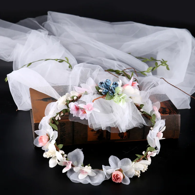 

Handmade Blueberry Wreath Tiara White Veil Fabric Flower Bridal Headpiece Wedding Accessories LXH