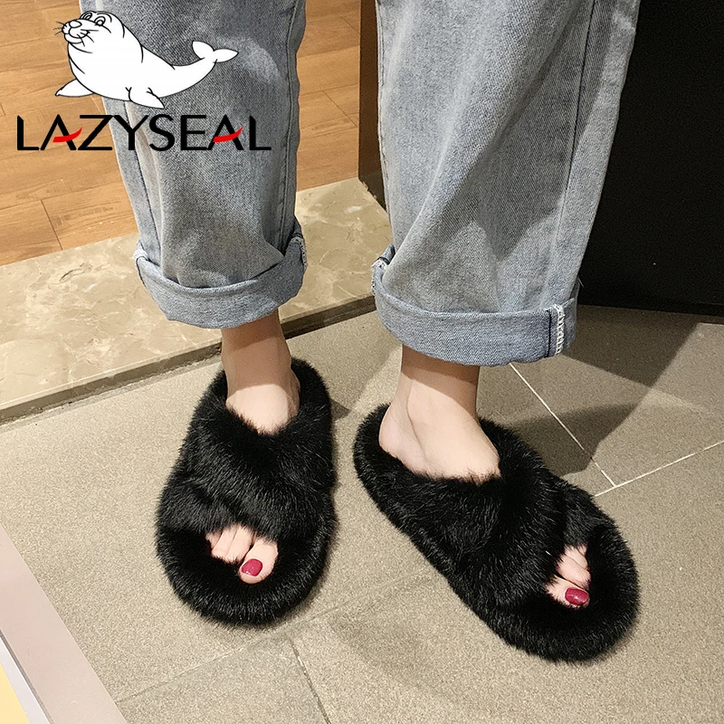 LazySeal/тапочки с натуральным кроличьим мехом женская обувь модные женские Вьетнамки, Повседневная плюшевая обувь на плоской подошве женские меховые домашние шлепанцы