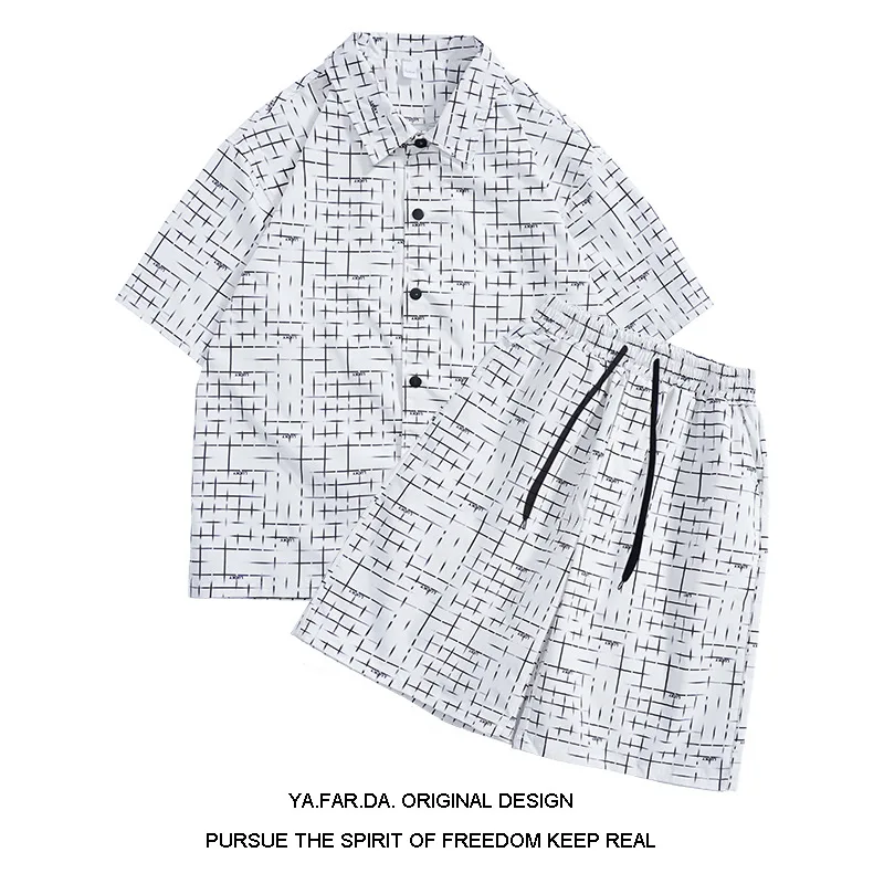 

Men Clothing 2021 Summer Men's New Casual Printed Cardigan Shirt Shorts Suit Young Students Loose Sports Two-piece Suit