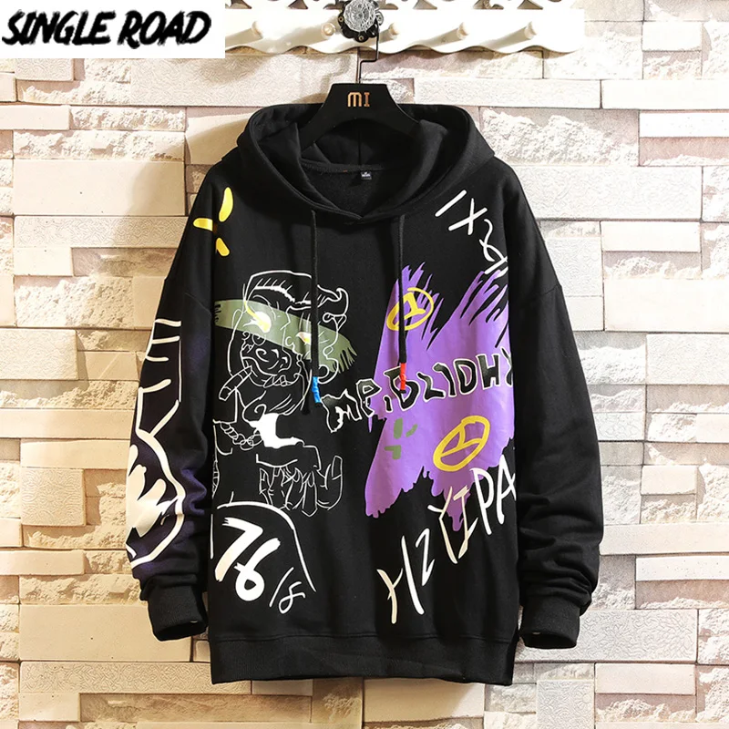 SingleRoad мужские толстовки с капюшоном 2020 Осень Хип хоп граффити черный Свитшот