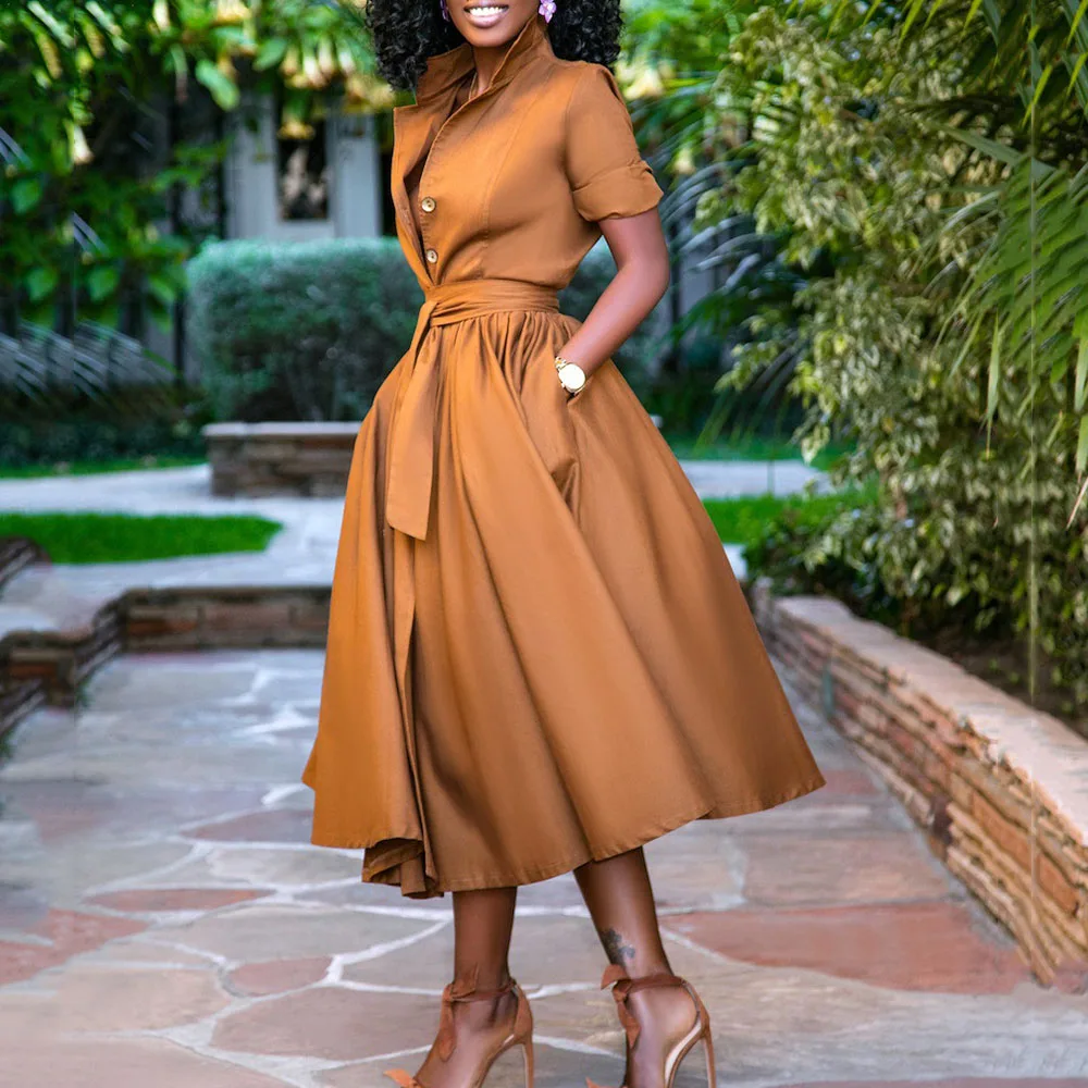 

2021 Summer Cardigan Shirt Dress Fashion Temperament Oversize Casual Solid Color Single-breasted High Waist Lace Sleeve