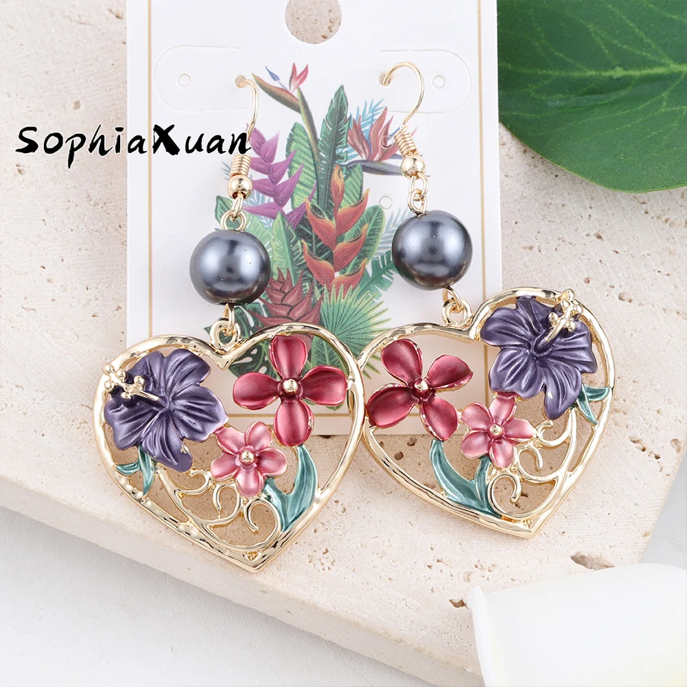 New Design Jewelry Hawaiian Fflower Earring Colorful Frangipani Handmade Gold Plated Heart Holiday Earrings for Women 2021 Gift