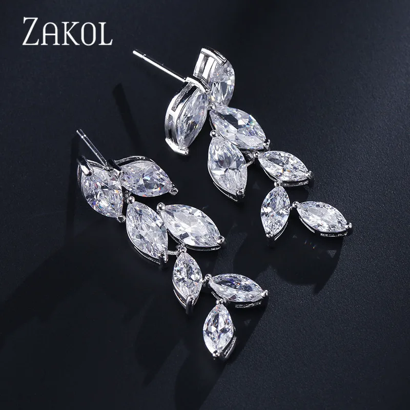ZAKOL Fashion Marquise Cut White AAA CZ Zircon Crystal Drop Earrings for Women Gold Color Leaf Wedding Jewelry FSEP512 | Украшения и