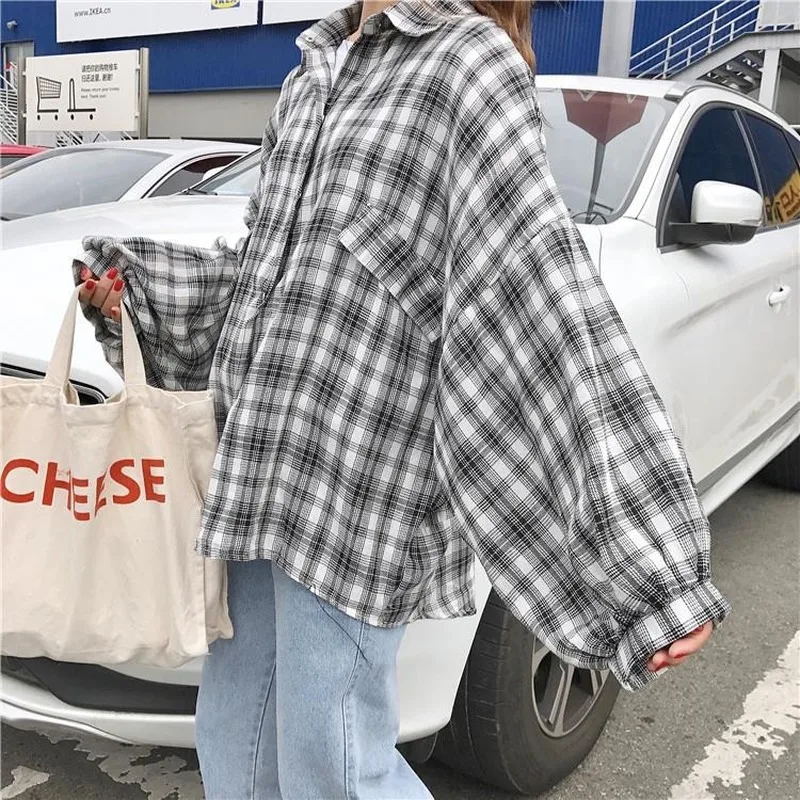 

Plaid Shirt Harajuku Shirt 2021 Fashion Women Blouses Boho Top Bat Sleeve Vintage Blouse Street Style Summer Women's Clothing