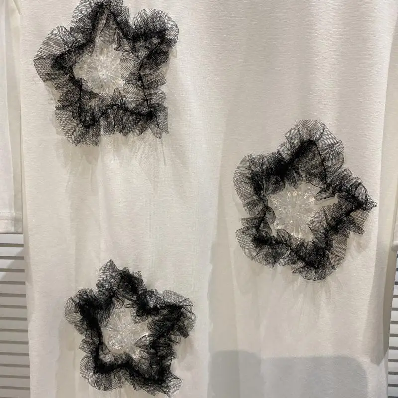 

2021 Summer New Fashion Tees Three-Dimensional Mesh Rhinestone Flower Tops Round Neck Plus Size Short Sleeve T-shirt for Women