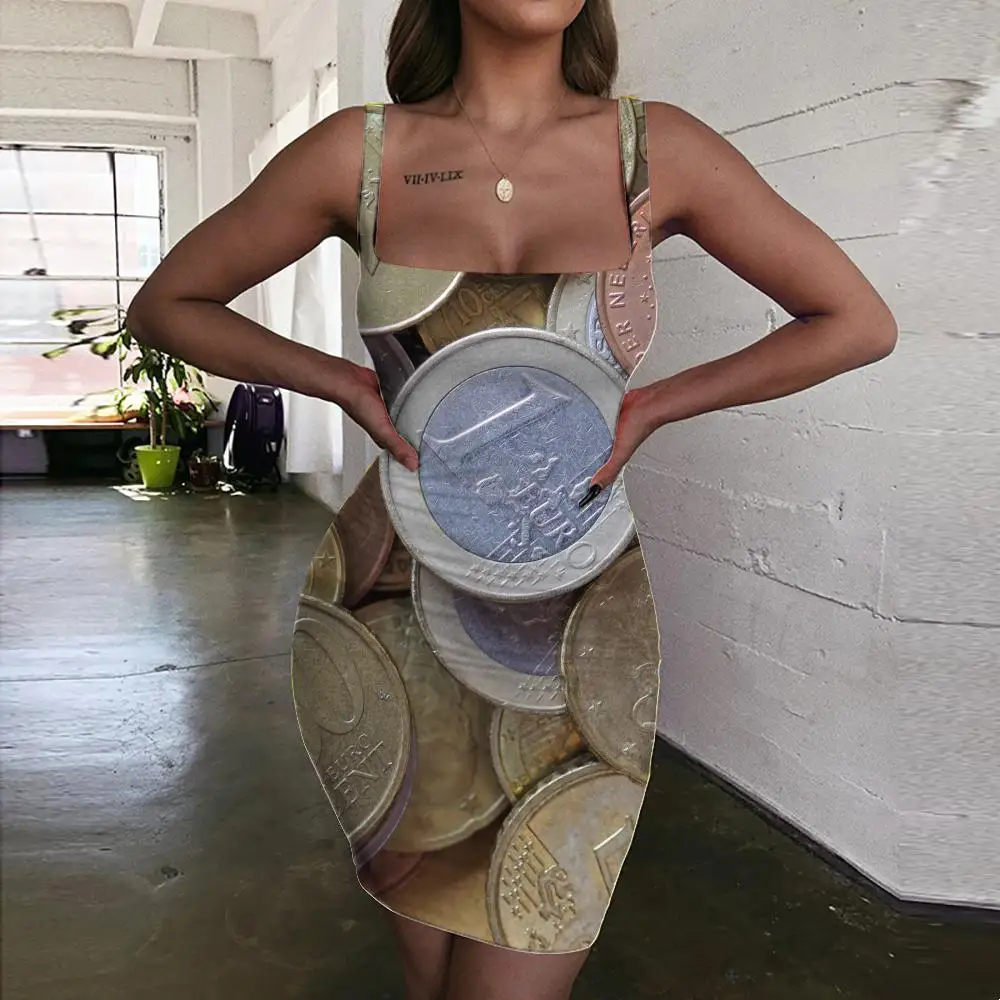 

Giyu Brand European Dollar Dresses Women Money Halter Sleeveless Metal Sundress Gothic 3d Print Rock Ladies Dresses