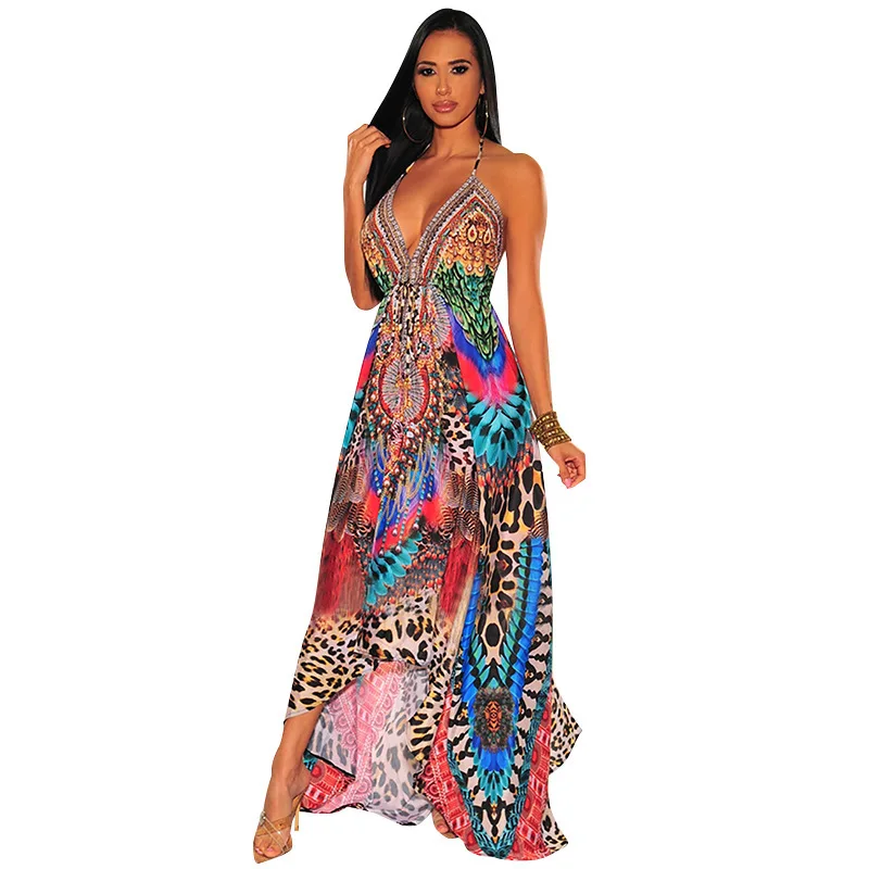 

Ladies Summer New Style Retro Bohemian Printed Dress Sexy V-neck Sleeveless Sling Dress New Beach Long Dress For Women Hot Sale