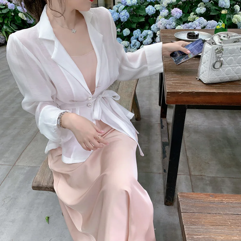 

Women's autumn solid color casual coat femininity commuting goddess suit Satin Long suspender dress two piece suit new pink