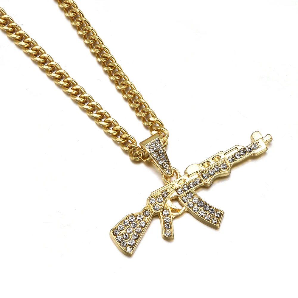 

2021 New Fashion Punk Hip-Hop Women Men Gun Shape Pendant Crystal Rhinestone Chain Necklace Creative Fast delivery