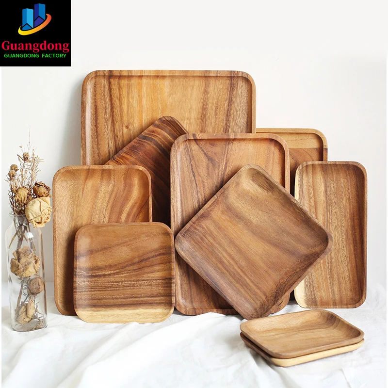 

Квадратные тарелки из цельной древесины из дерева акации, поднос из искусственной древесины, столовая посуда, набор посуды