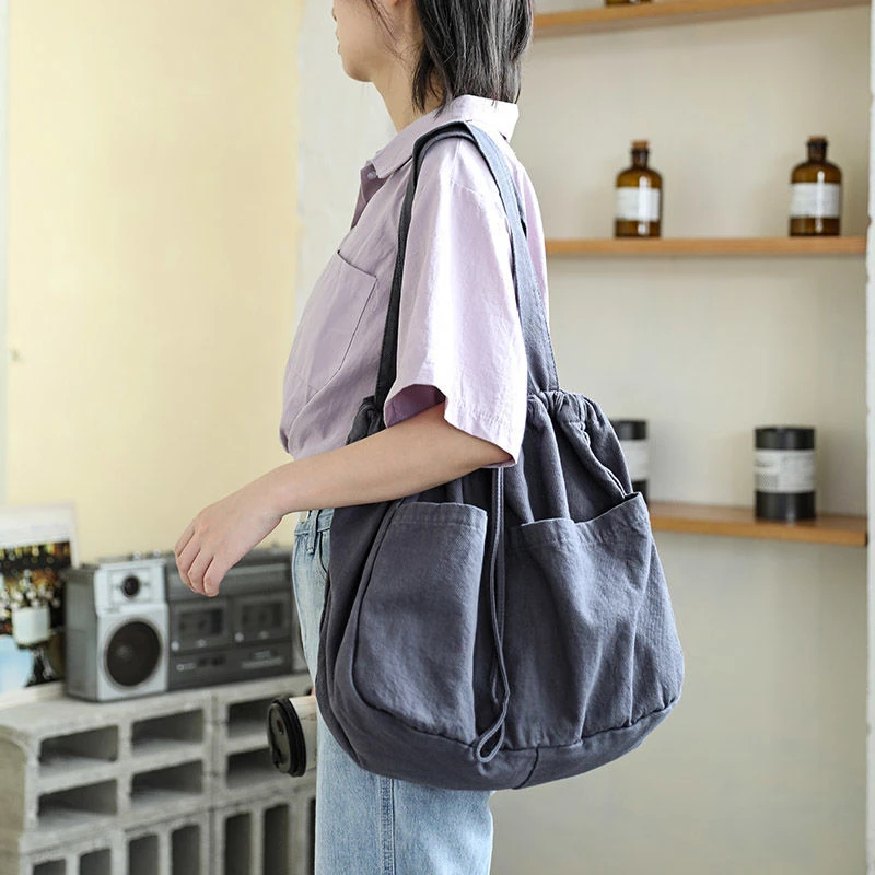 

Women High-capacity Canvas Tote Bag Drawstring Shoulder Shopping Traveling Students Books Easy to Match Fashion Black Haze Blue