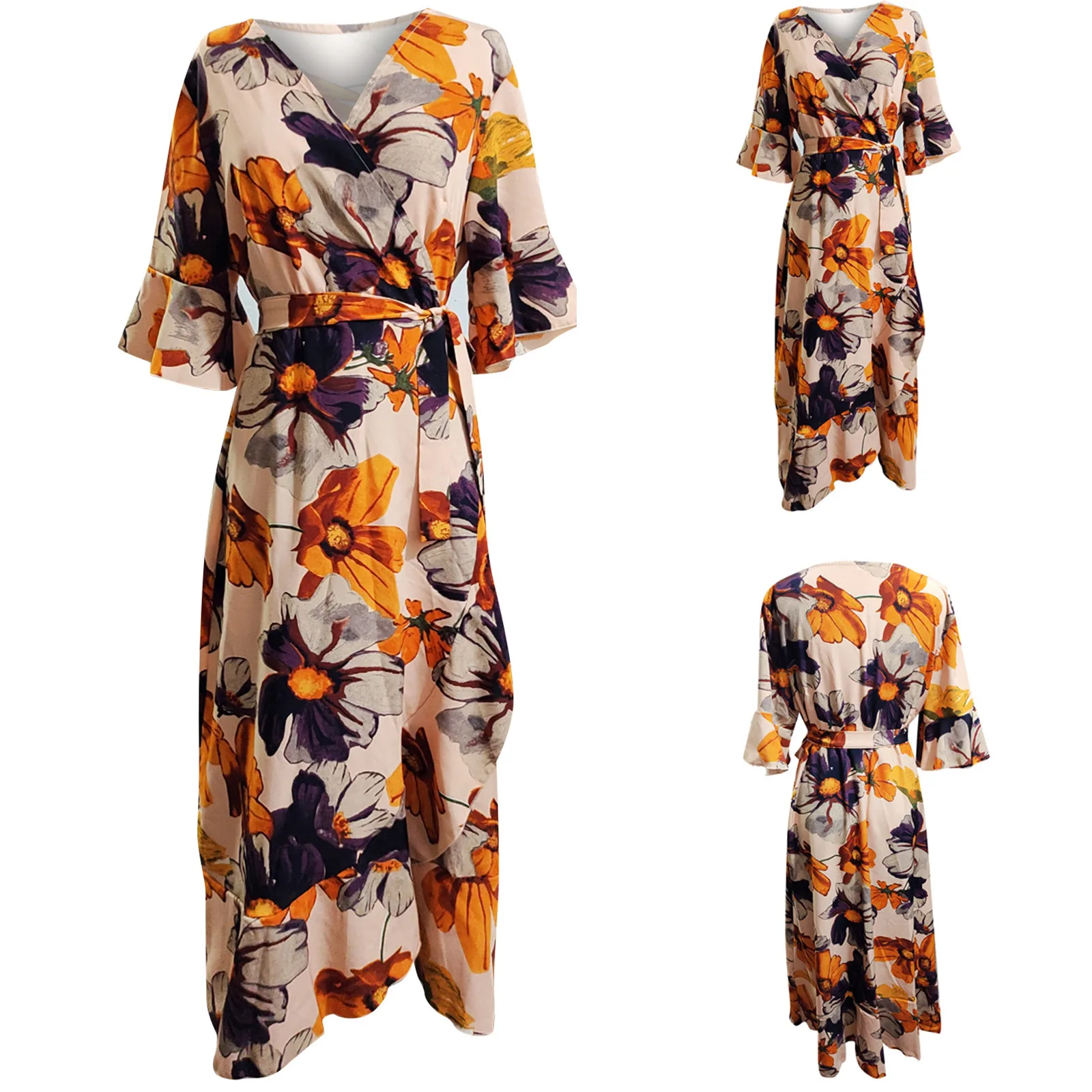 

Casual Dresses For Women 2021 Plus Size Fashion V-neck Bandage Floral Dresses Ladies Summer Short Sleeve Long Dress платье