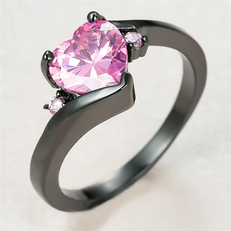 

Classic Female Pink Crystal Thin Ring Charm 14KT Black Gold Wedding Rings For Women Luxury Bride Love Heart Engagement Ring