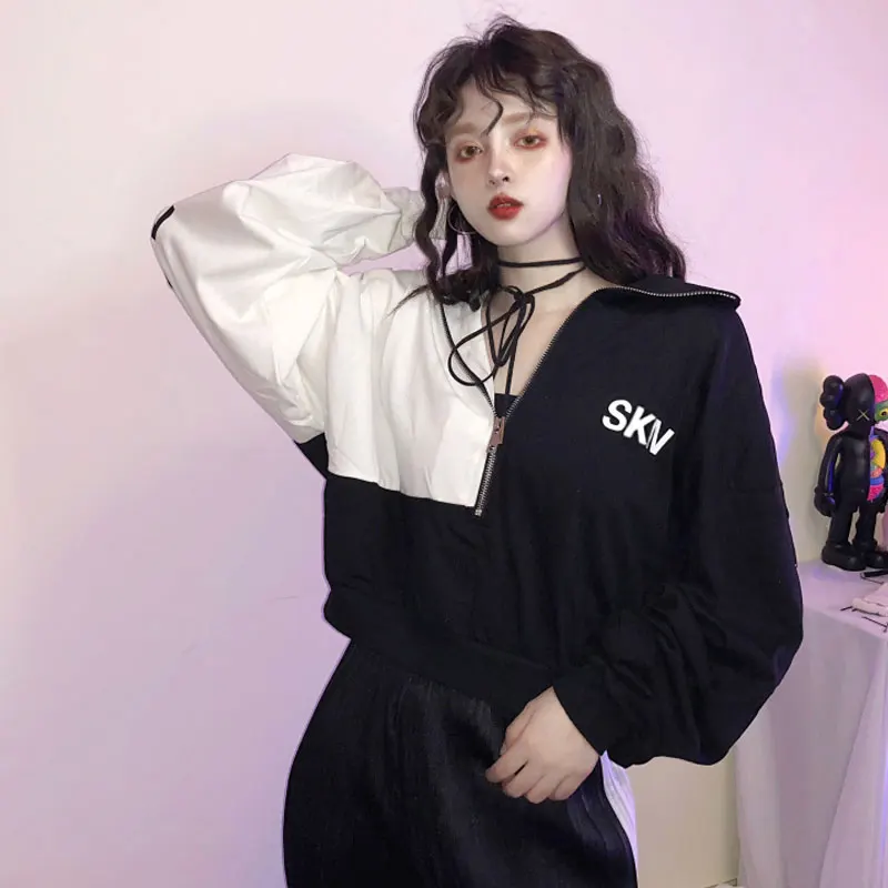 Женская одежда Осень корейский стиль Толстовка harajuku панк кроп Топы водолазка Повседневная длинный рукав негабаритных толстовки