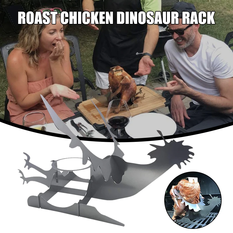 

Portable Chicken Stand Beer American Dinosaur BBQ Stainless Steel Rack With Glasses Indoor Outdoor Use Camping Accesorios New