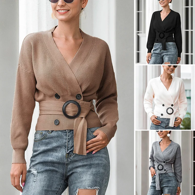 

Womens Sweaters Tops Deep V Neck Sweater Knitted Spring Autumn Pullover Jumper Button Strap Cardigans Tops