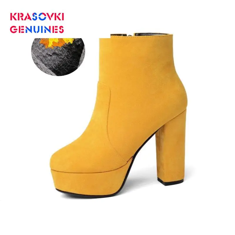 

Krasovki Genuines Boots Suede Thick High Heel Waterproof Platform Fashion Pointed Toe Breathable Causal Single Boots Women