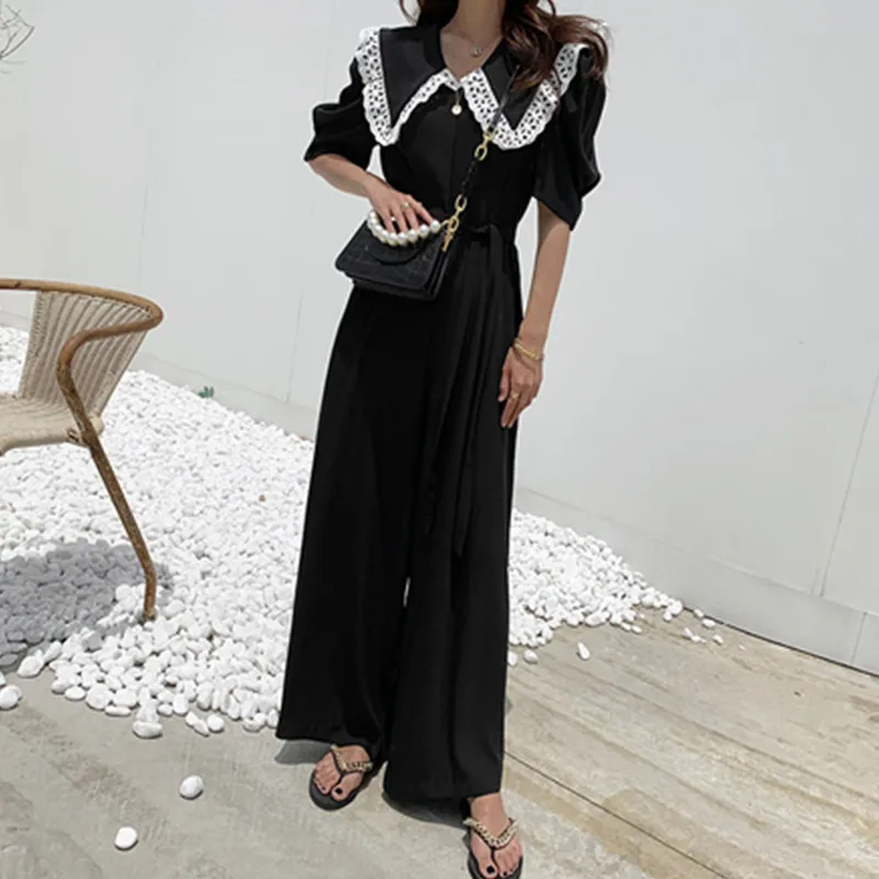 

2021 Hollow Out Lace Ruffles V-neck Cargo Pants Women Summer Korean High Waist Solid Drawstring Long Trousers