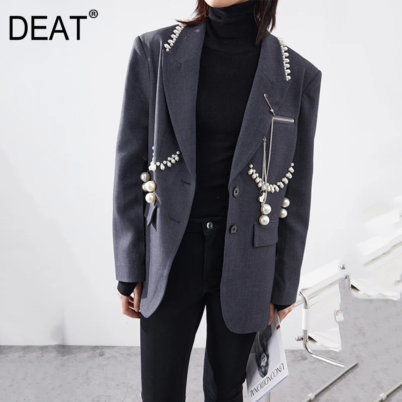 

[DEAT] Pearl Decoration Silhouette Gray Suit Medium Length Single Breasted Coat Women New Fashion Tide 2021 Spriong GX39
