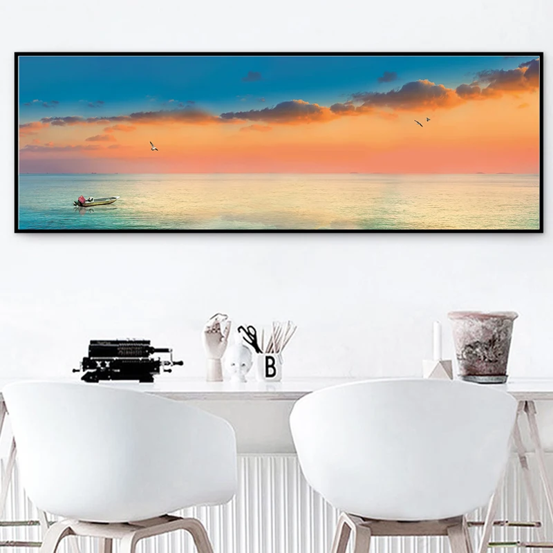 Abstract Seascape Sunset Glow Posters and Prints Wall Art Canvas Painting Coastal Red Clouds Picture for Living Room Décor | Дом и сад