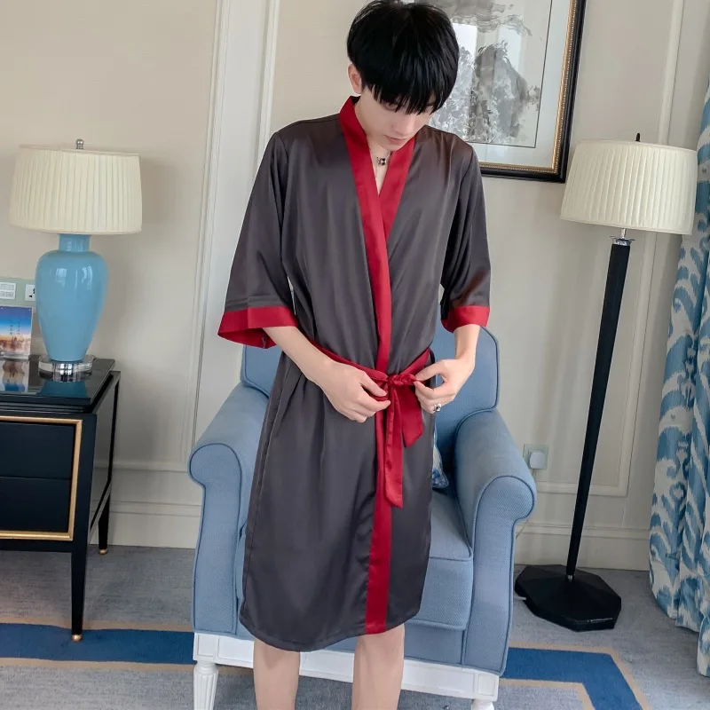 

Men Summer Kimono Robe Gown Suit Casual Faux Silk Shorts Bathrobe Nightwear Loose With Belt Sleepwear Burgundy Home Clothes