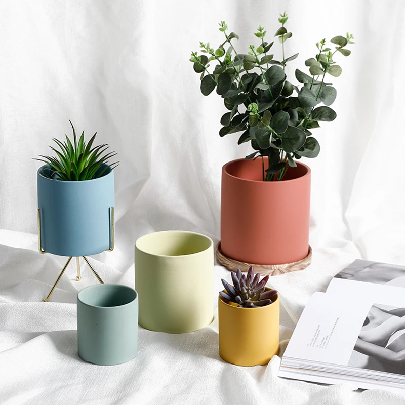 Nordic Industrial Style Colorful Ceramic Flowerpot Succulent Planter Green Plants Cylindrical Shape Flower Pot With Hole Tray | Дом и сад