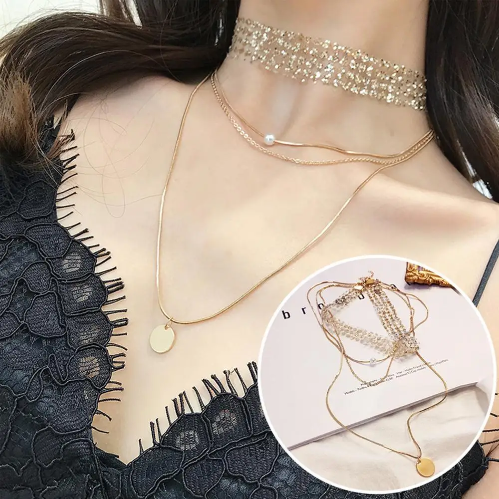 Хит Ins сексуальное колье из чистой пряжи многослойное чокер с жемчугом подвеской