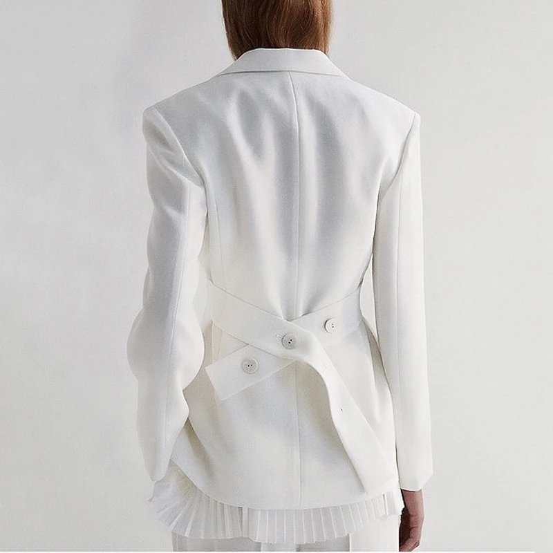 

CHICEVER Casual White Ruched Blazer For Women Notched Long Sleeve Lace Up Elegant Blazers Female 2020 Fashion New Clothing 2020