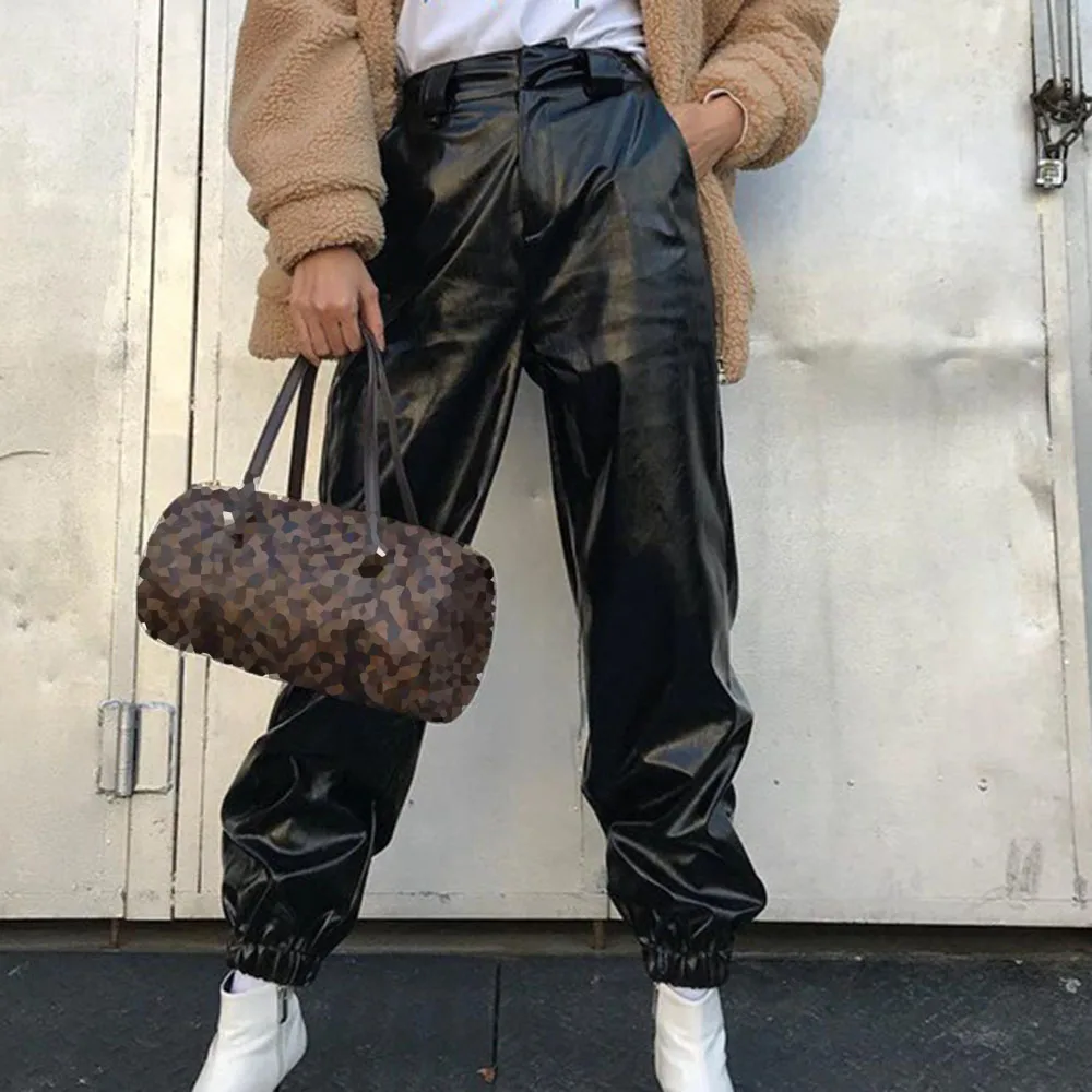 

2021 Summer New Fashion High Street PU Tie Feet Hip Hop Casual Pants Women's Leather Pants Western Style High Waist Solid Color