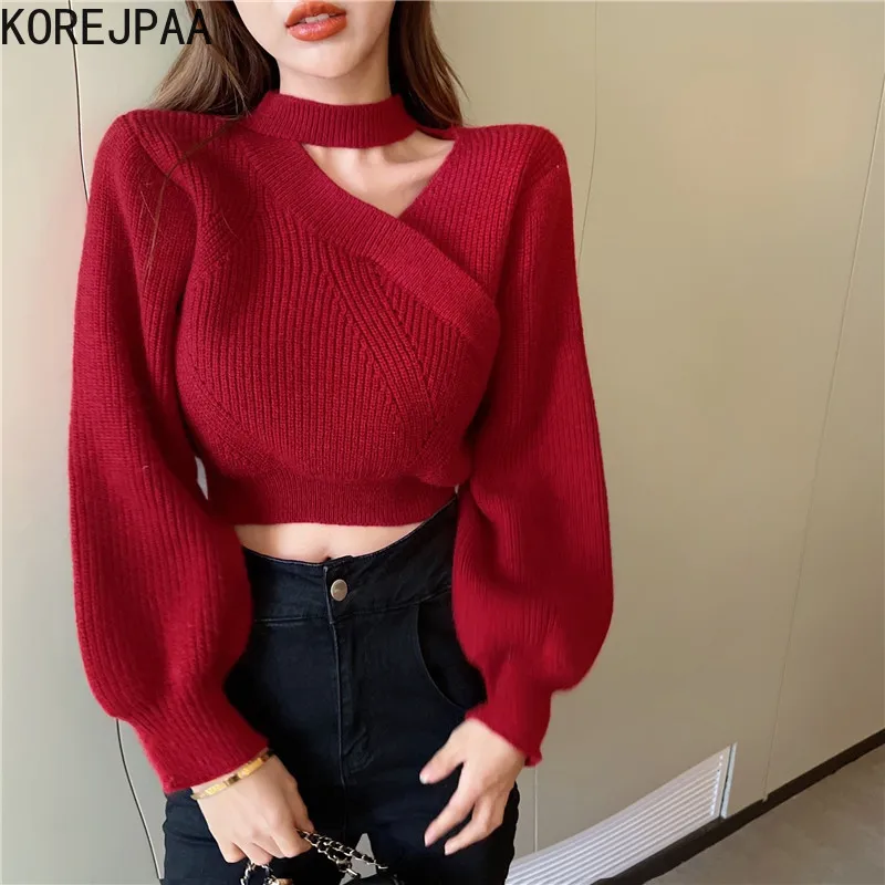 

Повседневные модные свитера кореjpaa, Женский пуловер с V-образным вырезом и пышными рукавами, Женская универсальная однотонная Элегантная т...