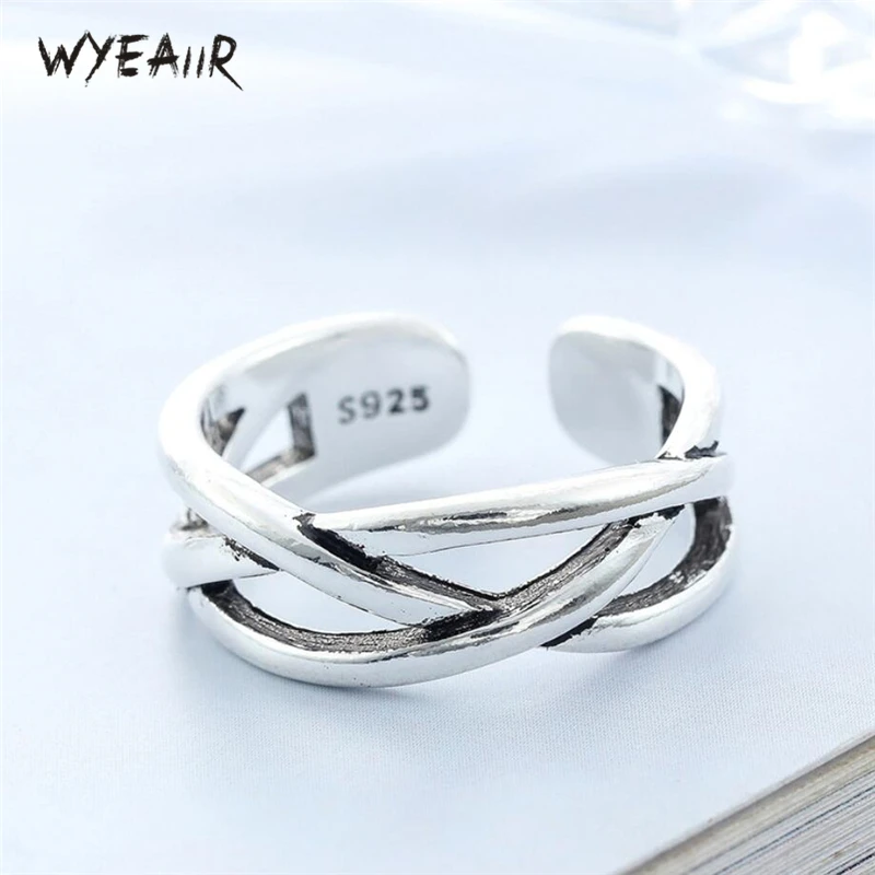 

WYEAIIR Creativity Cross Weave Retro Fashion Literary Fresh 925 Sterling Silver Female Resizable Opening Rings