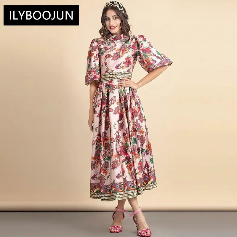 

Fashion Runway Summer Long Dress 2021 Women's Puff sleeve Flower print Elegant Vacation Party Dress