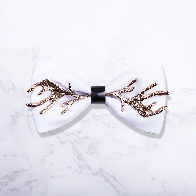

High Quality 2020 Men Bow Ties Metal 100% Zinc Alloy Elk Antlers PU Christmas Butterfly Designers Brand Wedding Bowtie White