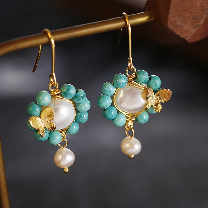 

Original Handmade 14K Gold Filled Baroque Natural Freshwater Pearl Turquoise Lady Drop Earrings Promotion Women Valentine's Day