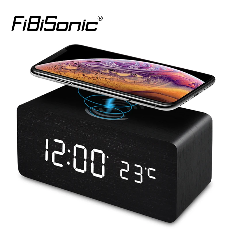 Цифровой Настольный Будильник FiBiSonic деревянный светодиодный с беспроводной