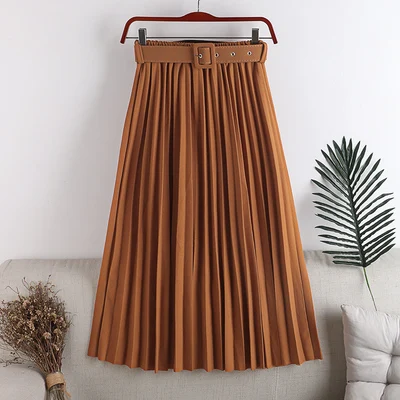 

F100 Autumn Winter Women High Waist Pleated Skirt Female Elegant Elastic Waist Mid-Length Skirt With Belt