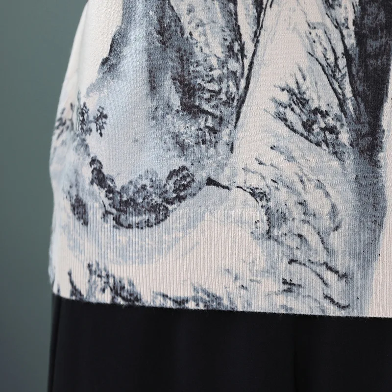 

2020 new round neck Pullover loose Korean print women's sweater fashion ink landscape painting women's sweater